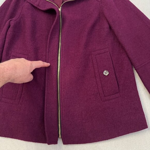 Chicos Burgundy Wool 3/4 Sleeve Full Zip Jacket Button Flap Accents Lined 2 - Picture 8 of 15